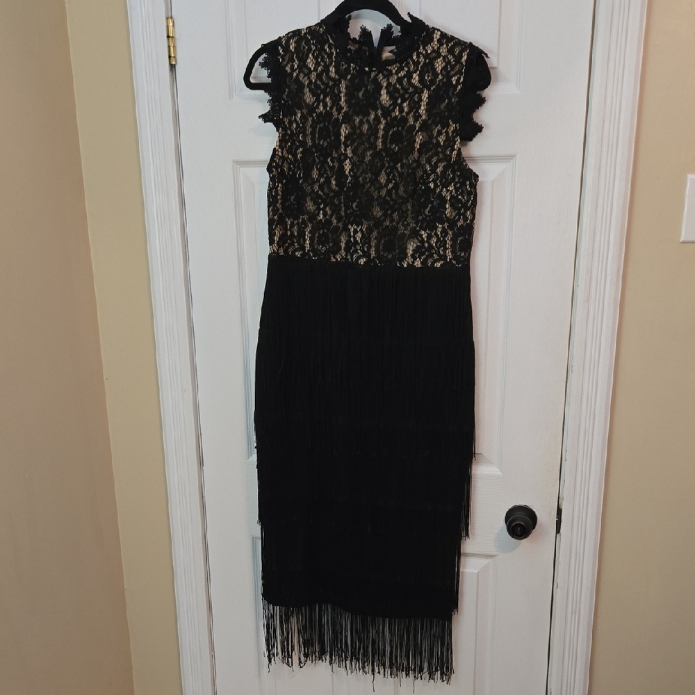 SHEIN Black Lace Midi Dress with Fringe